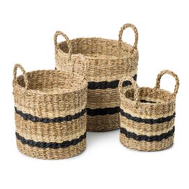 Nordis - Seagrass Baskets with Stripes - Ø30, Ø26, Ø20 - 3 pcs. / Home and Kitchen Αποθήκευση Σπίτι & Κουζίνα