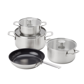 KitchenAid - Stainless Steel Cookware Set: Casserole with Lid (16cm, 20cm, 24cm) + Frypan (24cm) - Silver / Home and Kitchen
