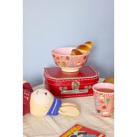 Rice - Melamine Bowl with Red Kids in Paris Print - Pink - 700 ml / Home and Kitchen