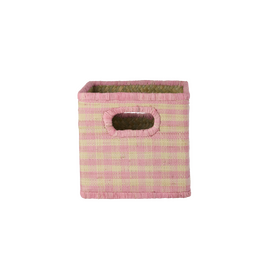 Rice - Raffia Square Basket with Handle Opening - Pink Checks - Small / Home and Kitchen