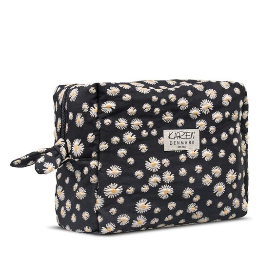 Karen - Large toiletry bag with embroidered daisies - Black - Large / Luggage and Travel Gear