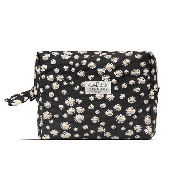 Karen - Large toiletry bag with embroidered daisies - Black - Large / Luggage and Travel Gear