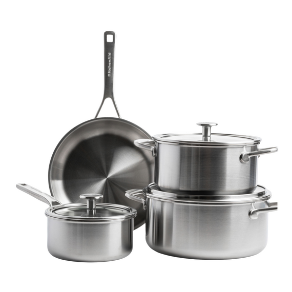 KitchenAid - Multiply 4(7)pcs Set Uncoated: Saucepan 16cm/1.5L with Lid, Casserole 20cm/3.11L with Lid, Casserole 24cm/4.91L with Lid, Frypan 24cm - Silver / Home and Kitchen