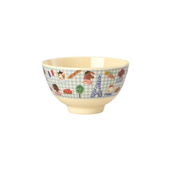Rice - Melamine Bowl with Blue Kids in Paris Print - Soft Blue - 300 ml / Home and Kitchen