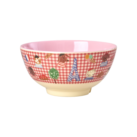 Rice - Melamine Bowl with Red Kids in Paris Print - Pink - 700 ml / Home and Kitchen