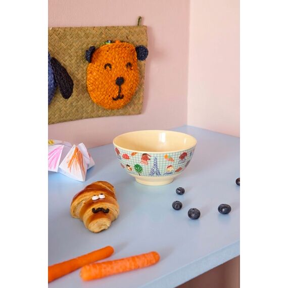 Rice - Melamine Bowl with Blue Kids in Paris Print - Blue - Medium - 700 ml / Home and Kitchen