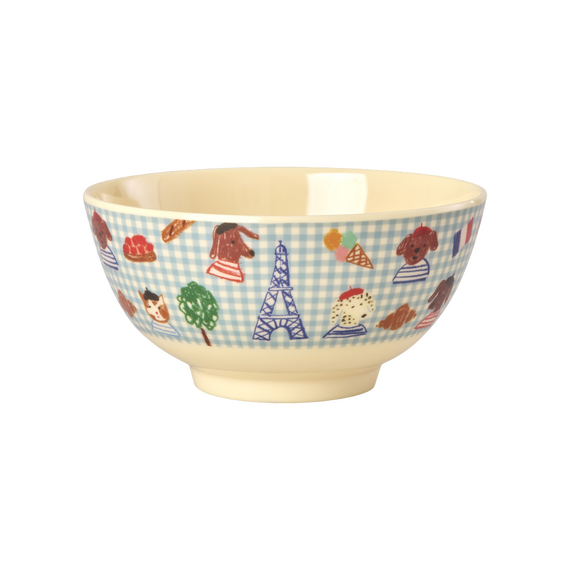 Rice - Melamine Bowl with Blue Kids in Paris Print - Blue - Medium - 700 ml / Home and Kitchen