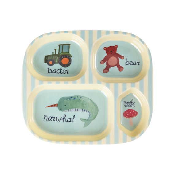 Rice - Melamine Kids 4 Room Plate - Blue ABC Print - Blue / Home and Kitchen