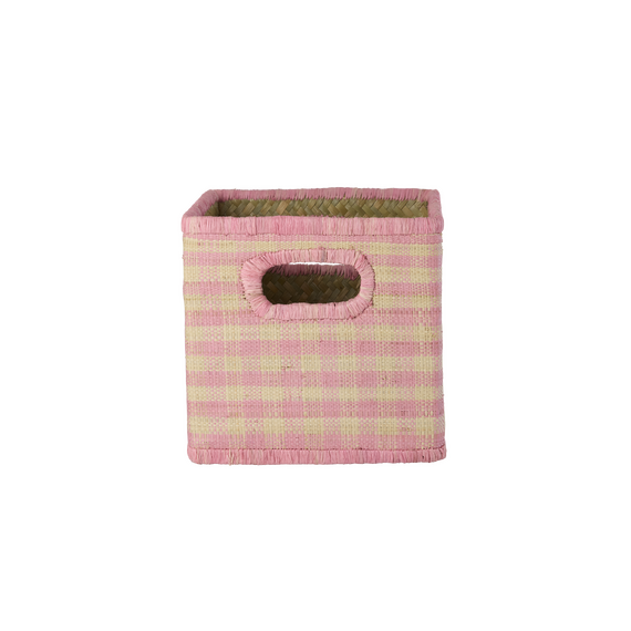 Rice - Raffia Square Basket with Handle Opening - Pink Checks - Small / Home and Kitchen