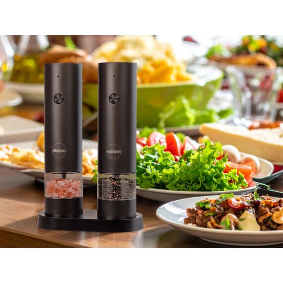ELDOM ZMP5 BATTERY-POWERED PEPPER AND SALT GRINDER SET WITH STAND, BLACK