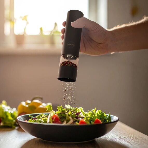 ELDOM ZMP5 BATTERY-POWERED PEPPER AND SALT GRINDER SET WITH STAND, BLACK